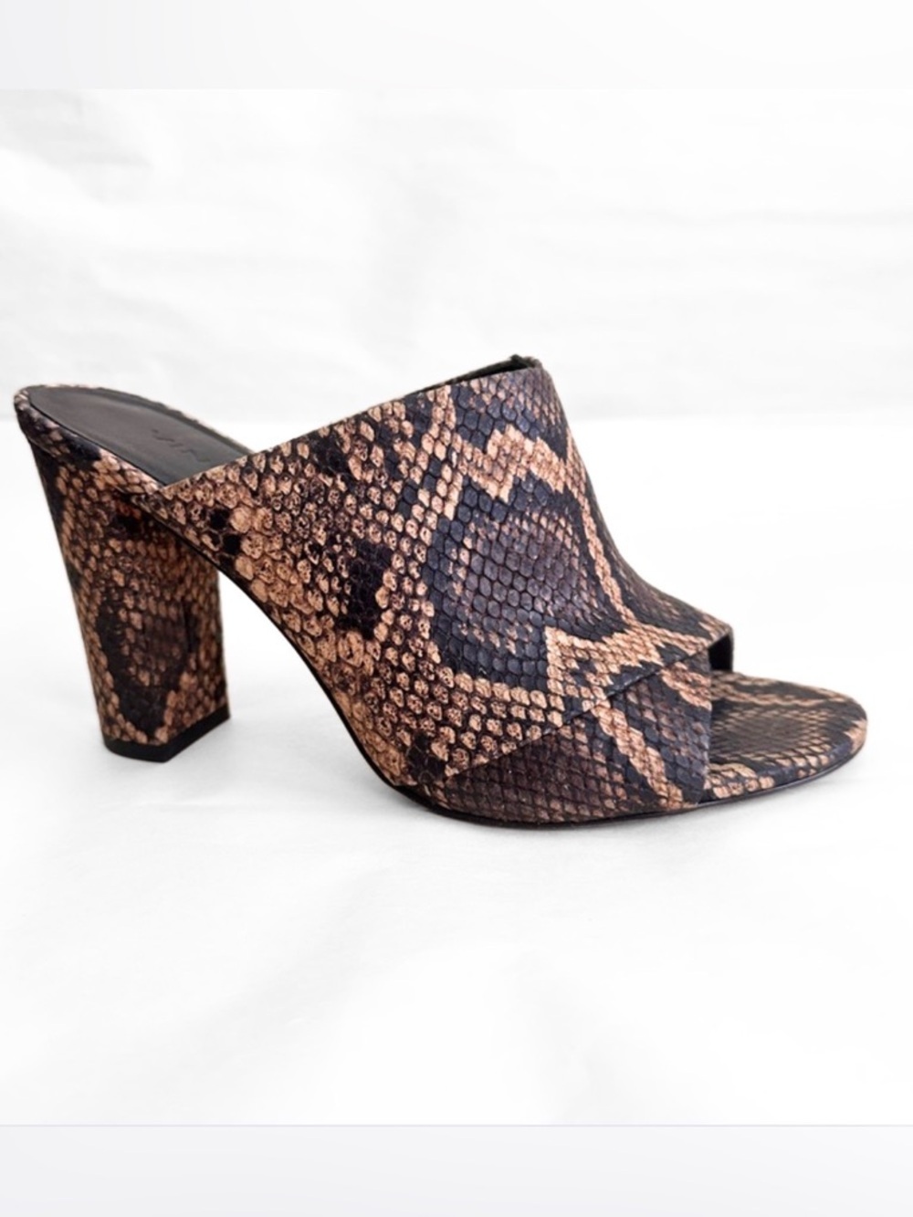 Vince Heath Snake Print Leather Mules Women 7.5 Block Heel Brown Open Toe Mobwif